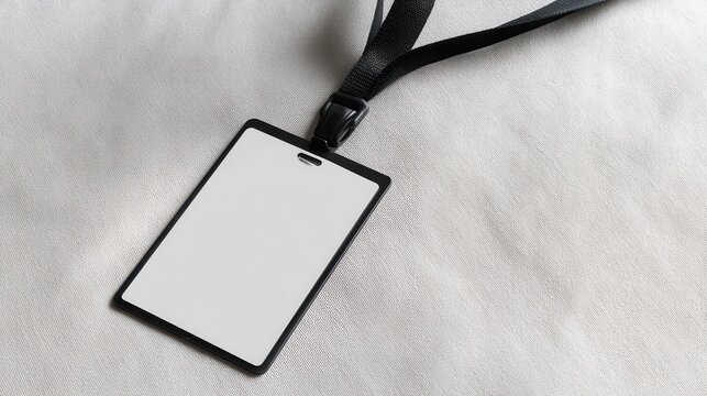 Blank identification badge on a lanyard resting on a soft surface, ideal for events or security