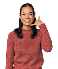 Young Filipina woman showing a mobile phone call gesture with fingers.