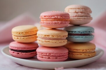 Fototapeta premium Colorful Macarons Arranged in Pyramid on White Plate with Pink, Yellow, Orange, Light Pink, and Light Blue Macarons