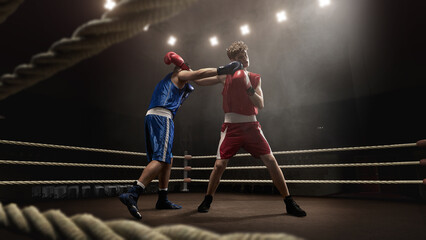 A boxing match occurs in a dimly lit 3D arena, with fighters exchanging punches under bright...