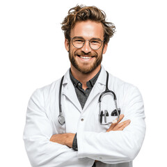 Portrait of a professional smiling doctor with stethoscope, handsome man isolated on transparent  white background png
