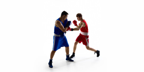 Two boxers facing off in action poses on a white background, showcasing athleticism and intensity....