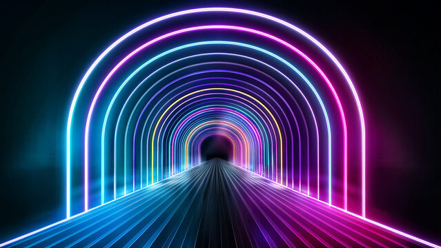 Abstract tunnel of a multicolor spectrum background. Bright rays of neon light and colorful glowing lines moving speed through the dark. 3d render