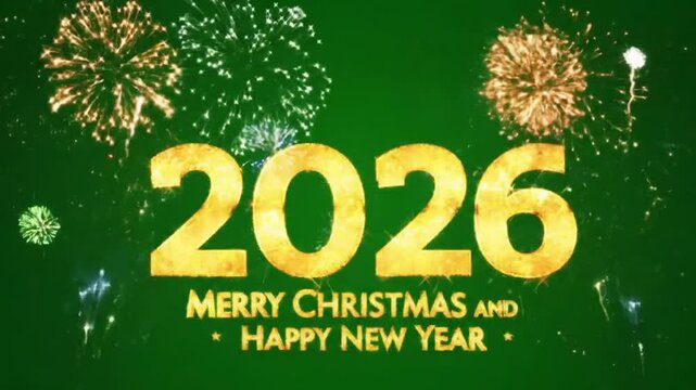 Golden year of two thousand twenty six with fireworks on a green christmas and new year background