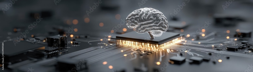 Poster brain-inspired neuro computing and neural module concept. futuristic circuit board with a glowing br
