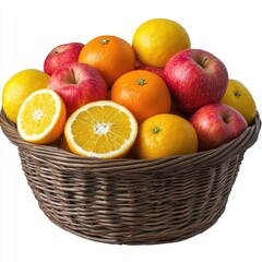 Fresh fruit basket filled with oranges, apples, and lemons