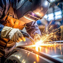 Male welder working on metal with sparks flying in industrial workshop
