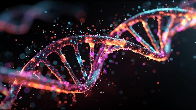 High-Tech DNA Helix swirl rotate Animation with Glowing Particles Futuristic Light Effects, Abstract Genetic Structure for Science, Medical Research, Biotechnology, Innovation, Data Analysis Video 4k
