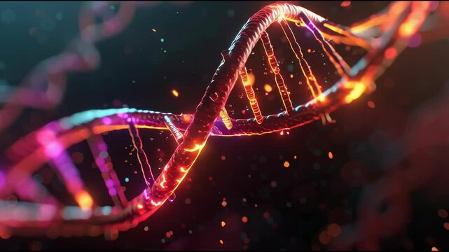 Futuristic Glowing DNA Double Helix Animation Colorful Neon Lights, Abstract Molecular Spiral Structure, Science and Medical Background for Genetics, Biotechnology, Research, Lab, Technology Video 4k