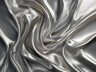 A close up view of flowing silver satin fabric with soft folds and shimmering highlights texture