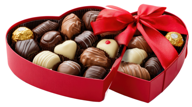 Box of Sweetest Heart: A collection of delectable assorted chocolates arranged in a heart-shaped box, elegantly tied with a vibrant red ribbon, presents the perfect gift of love and indulgence. - Powered by Adobe