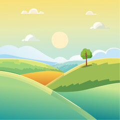 Obraz premium quiet landscape with hills, sun, and a lone tree, soft gradients