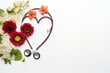 Stethoscope arranged in heart shape surrounded by colorful flowers on white background, representing healthcare, love, and well being