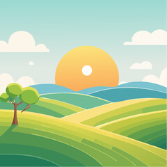 Obraz premium quiet landscape with hills, sun, and a lone tree, soft gradients
