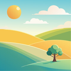 Fototapeta premium quiet landscape with hills, sun, and a lone tree, soft gradients