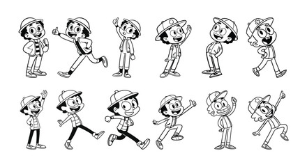Naklejka premium Cartoon Boy Character Sheet in Various Expressive Poses Illustration