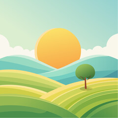 Fototapeta premium quiet landscape with hills, sun, and a lone tree, soft gradients