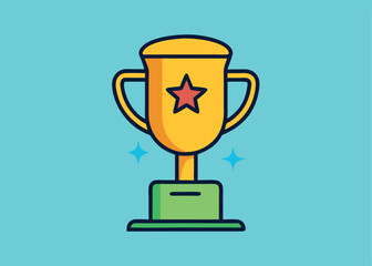 Vector art of a golden trophy with a red star sparkles against a blue background