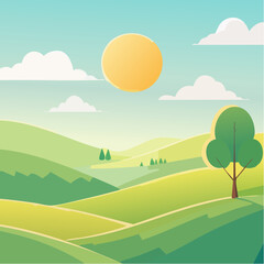 Obraz premium quiet landscape with hills, sun, and a lone tree, soft gradients