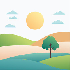 Obraz premium quiet landscape with hills, sun, and a lone tree, soft gradients