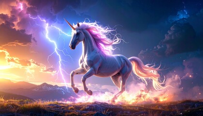 Majestic unicorn galloping through a thunderous field with lightning creating a fantasy aura