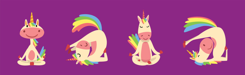 Funny Unicorn Character with Rainbow Tail Practicing Yoga Exercise Vector Set