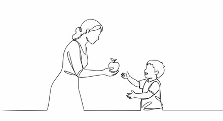 A line drawing shows a mother giving an apple to her child.