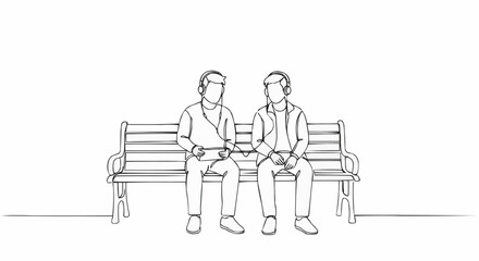 Two individuals listening music while sitting on a bench. 
