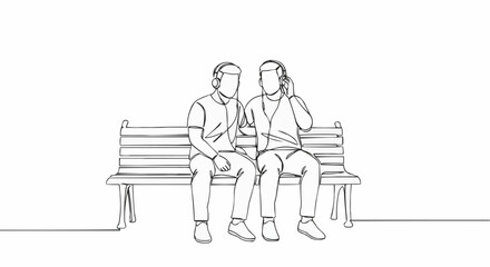 Two friends enjoying music together on a park bench.