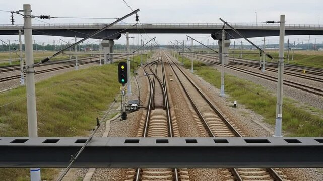 Empty Railway Tracks Stretching into the Distance under Overpass