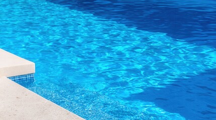 Crystal-clear swimming pool water reflecting sunlight, with a serene outdoor setting in the background