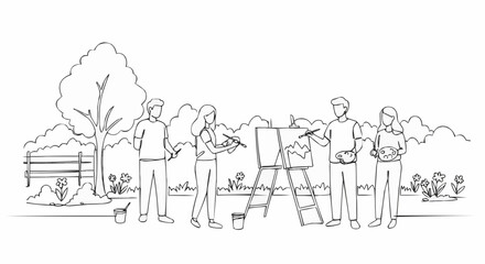 Group of five people engaged in outdoor painting, art, and creativity.