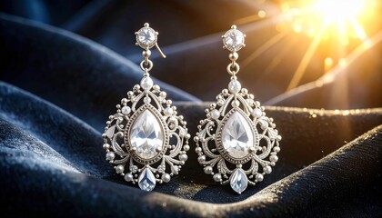 Obraz premium Stunning luxury zircon earrings on soft velvet surface with ornate filigree design elements