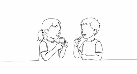 Child drinking from glass and kid brushing teeth in continuous line drawing style