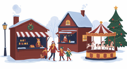 Christmas market illustration with family and carousel.