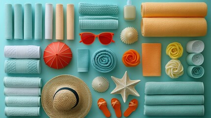 Beach supplies arrangement on blue background, yellow and pink towels, yellow flip - flops, starfish neatly placed
