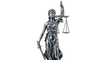 Obraz premium Full-figure silver statue of Themis, the goddess of justice, blindfolded and holding a sword and scales. Isolated on a clean white background with ample copy space.