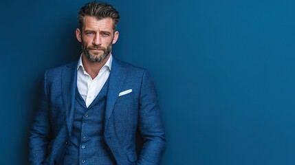 Mature man in dark blue checkered three - piece suit with white shirt, hands in pockets, leaning against dark blue wall, showing professional business image