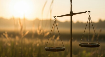 Close-up of scales of justice in a tranquil meadow during a beautiful sunrise, with golden light and soft focus. A metaphor for a peaceful and fair resolution.