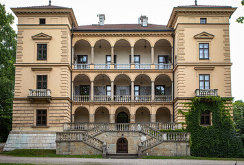 A full, symmetrical frontal view of the historic Willa Decjusza in Krakow