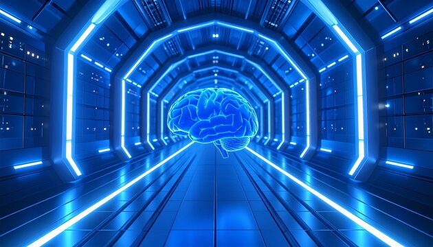 Human brain spinning over glowing blue tunnel representing complex neural pathways