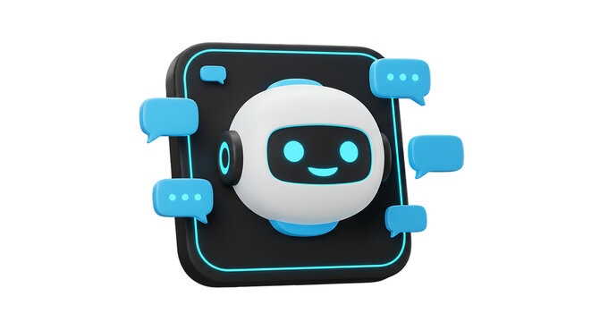 3D chatbot robot icon with speech bubbles on black square background &ndash; artificial intelligence assistant for customer service, messaging or automation &ndash; cute futuristic bot with communication UI