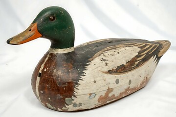 Vintage Handcrafted Wooden Duck Decoy with Weathered Details on White Background

