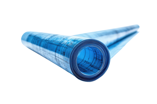 Rolled architectural blueprints planning design development engineering construction blue roll