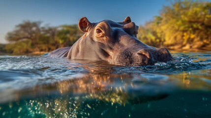 Fototapeta premium 水面から顔を出すカバの迫力ある表情と姿 | 自然光