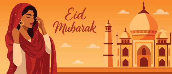 Vector horizontal illustration of Muslim woman in hijab with Eid Mubarak lettering on mosque background. Cultural fusion of Indian and Islamic traditions. For Eid al-Fitr or Eid al-Adha greeting cards