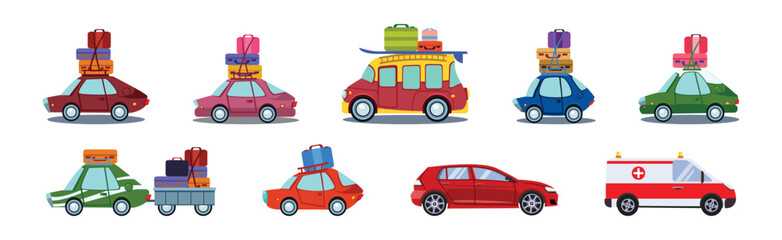 Car and Auto Driving with Travel Bag and Trunk as Holiday Trip Vector Set