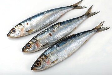 Obraz premium Three Fresh Sardines Displayed on a White Background in Close-Up View
