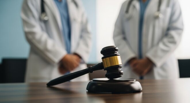 Medical malpractice and healthcare law concept. A judge's gavel is in focus on a table with two doctors in lab coats standing blurred in the background of a clinic.