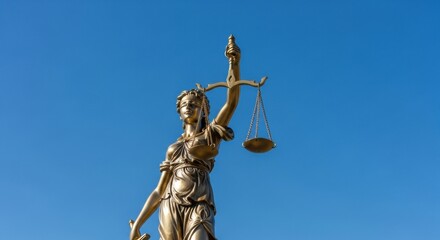 A low-angle shot of a majestic bronze statue of Lady Justice, blindfolded and holding scales, set against a clear, solid blue sky with copy space.
